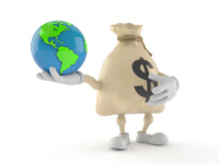 Dollar money bag character holding world globe isolated on white background. 3d illustration