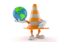 Traffic cone character holding world globe isolated on white background. 3d illustration