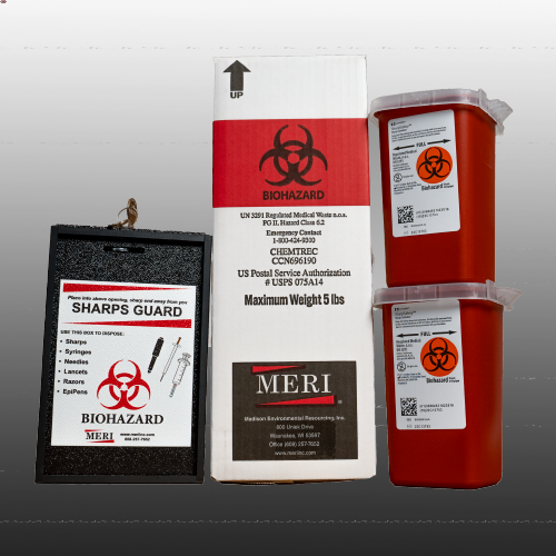 Small rugged sharps box with biohazard container inserts and return box