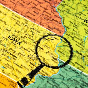 Map of Iowa with Magnifying Glass over Eastern Portion
