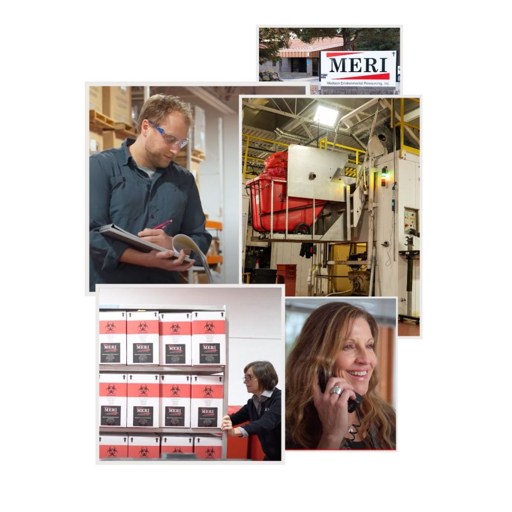 Photo collage of man writing in book, woman moving boxes, woman on phone, warehouse and MERI sign