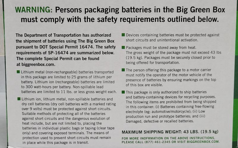 Instructions on box about recycling batteries and warnings about packaging batteries